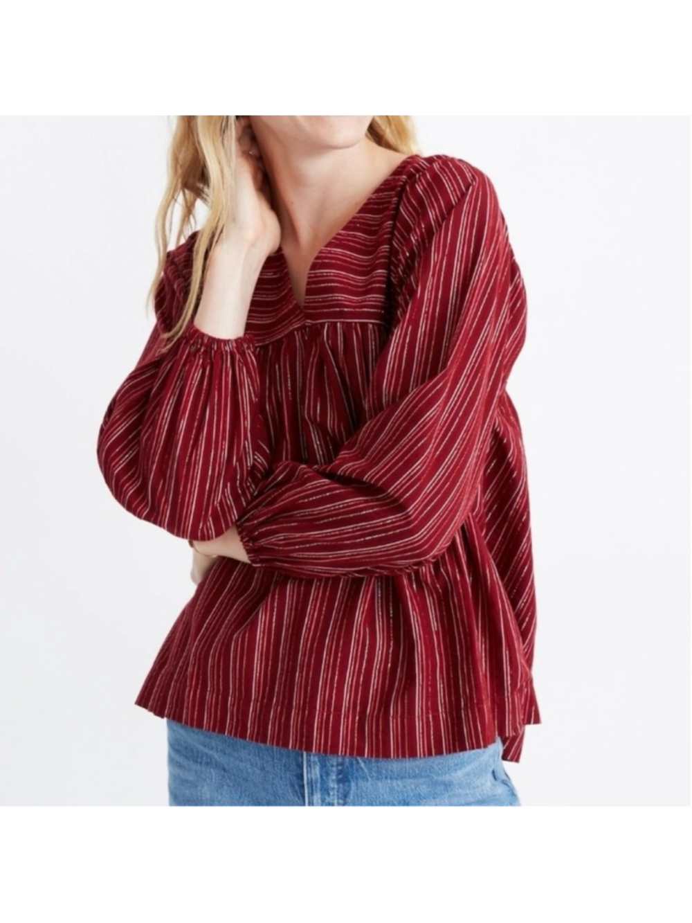 Madewell Swingy Peasant Top in Metallic Stripe Size Small Maroon